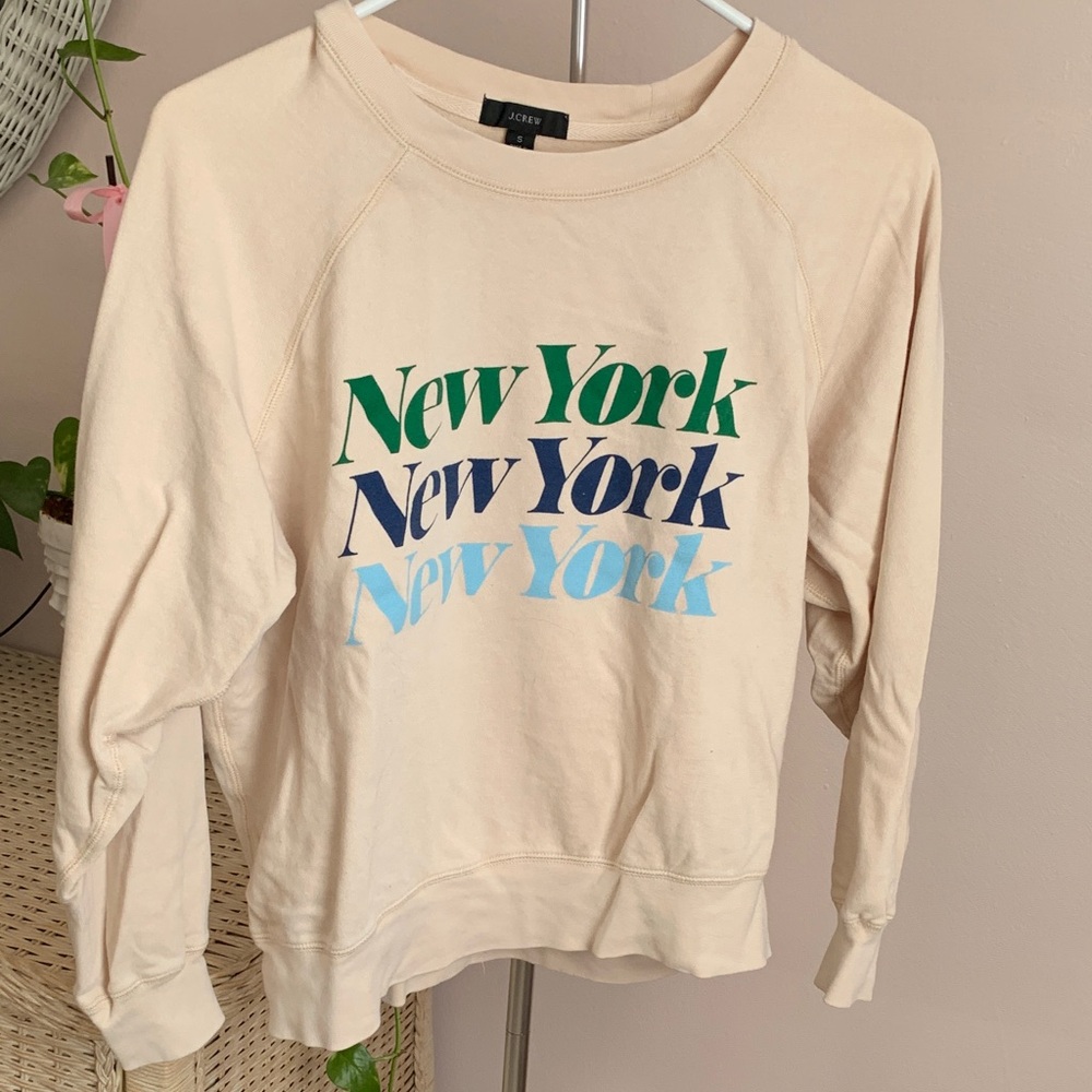 J. Crew Cream Sweatshirt with Green, Blue, and Light Blue Print